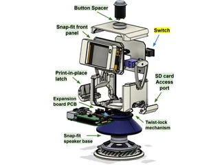 Vista CAD explosionada de Robot Study Companion v4.1, recortada de la figura de sus autores, con chasis, pantalla, aletas y base completos.