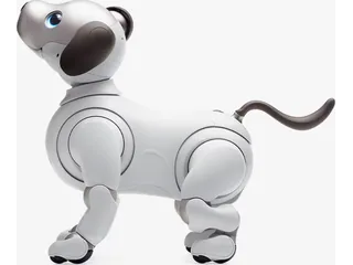 Render oficial del aibo ERS-1000 blanco de Sony, con ojos azules y cola curvada.