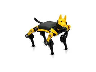 Perro robot Petoi Bittle X V2 negro y amarillo, con las cuatro patas articuladas, en una fotografía oficial sobre fondo blanco.