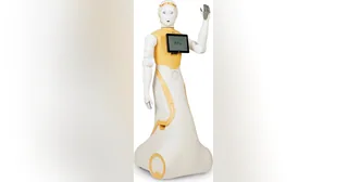 Robot social ARI blanco y naranja con pantalla en el torso
