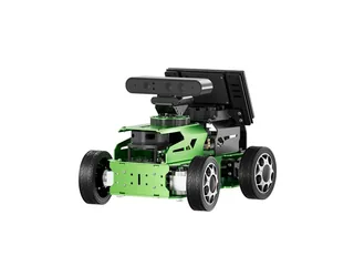Fotografía oficial del JetAcker verde de Hiwonder con ruedas, cámara y pantalla superior.