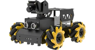 TurboPi negro con cuatro ruedas Mecanum amarillas, cámara móvil y sensor ultrasónico
