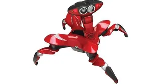 Roboquad rojo completo, con sus cuatro patas y la cabeza de sensores visibles sobre fondo blanco.