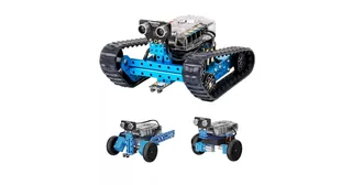 Tres montajes de mBot Ranger: vehículo de orugas, coche de tres ruedas y robot de equilibrio