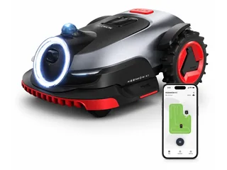 Render oficial del cortacésped KEENMOW K1 completo junto a una pantalla de su aplicación.