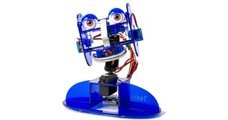 Cabeza azul de Ohbot 2.2 con sus mecanismos de ojos, párpados y boca