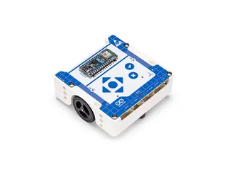 Fotografía oficial de Arduino Alvik en vista oblicua, con la placa Nano ESP32, los controles táctiles y una rueda visibles sobre fondo blanco.