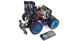 PiCar-B Mars Rover negro con ruedas azules, sensores frontales y mando infrarrojo al lado.