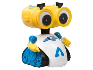 Andy de Xtrem Bots con cabeza amarilla y cuerpo blanco y azul.
