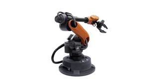 Brazo WLKATA Mirobot negro y naranja con seis articulaciones y pinza