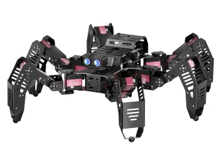 Spiderbot de Hiwonder con seis patas negras y estructura metálica.
