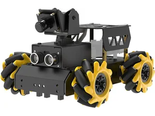 TurboPi negro con cuatro ruedas Mecanum amarillas, cámara móvil y sensor ultrasónico