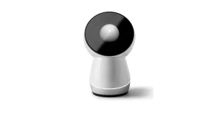 Render de Jibo solo sobre fondo blanco, visto de frente, con cuerpo blanco y pantalla circular negra.
