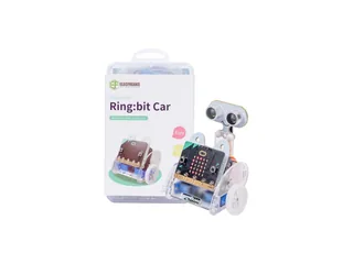 Ring:bit Car V2 de Elecfreaks con estructura blanca, ruedas negras, micro:bit y sensor ultrasónico en un montaje junto a su caja