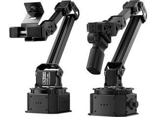 Dos brazos robóticos NexArm de metal, líder y seguidor, con pinzas