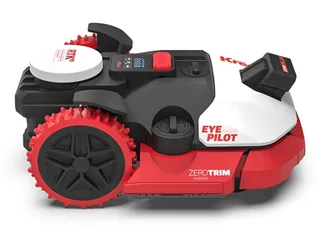 Render oficial de un cortacésped Kress EyePilot completo, con carcasa blanca, negra y roja.