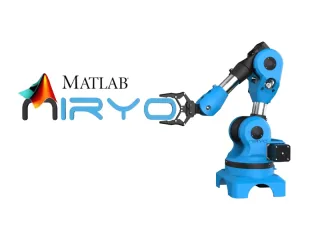 Niryo One de cuerpo entero junto a los logotipos de Niryo y MATLAB.