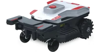 Robot cortacésped Ambrogio Twenty ZR EVO blanco, rojo y negro con ruedas traseras de gran tamaño