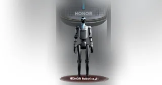 Render oficial de HONOR Robotics A1, con cuerpo plateado, rostro negro y una luz azul en el pecho, identificado con el nombre del modelo.