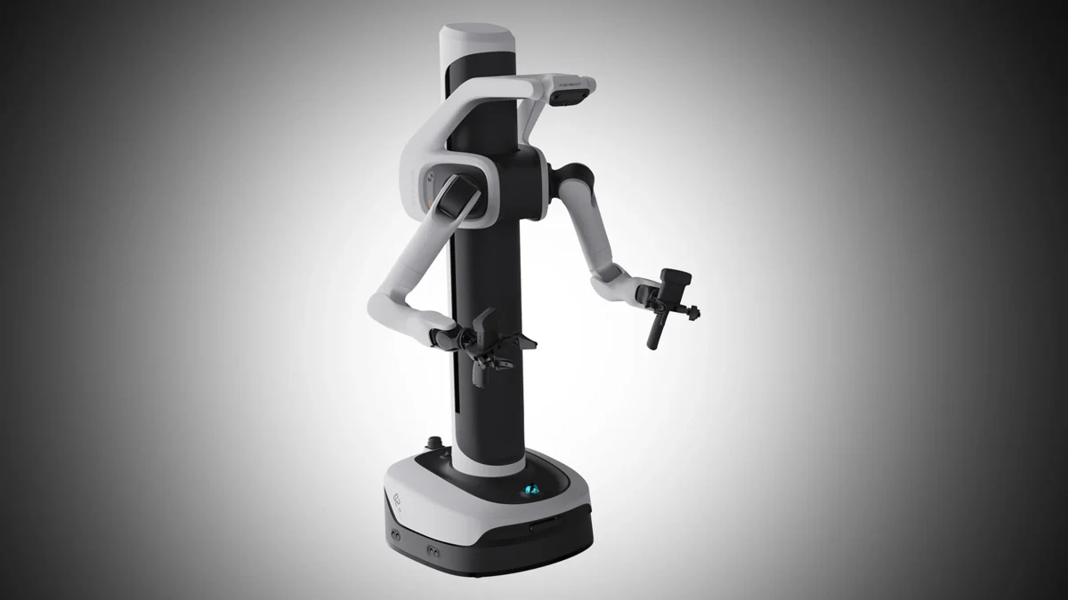 Render de AGIBOT G2 Air, con columna vertical y brazos articulados sobre una base móvil compacta.