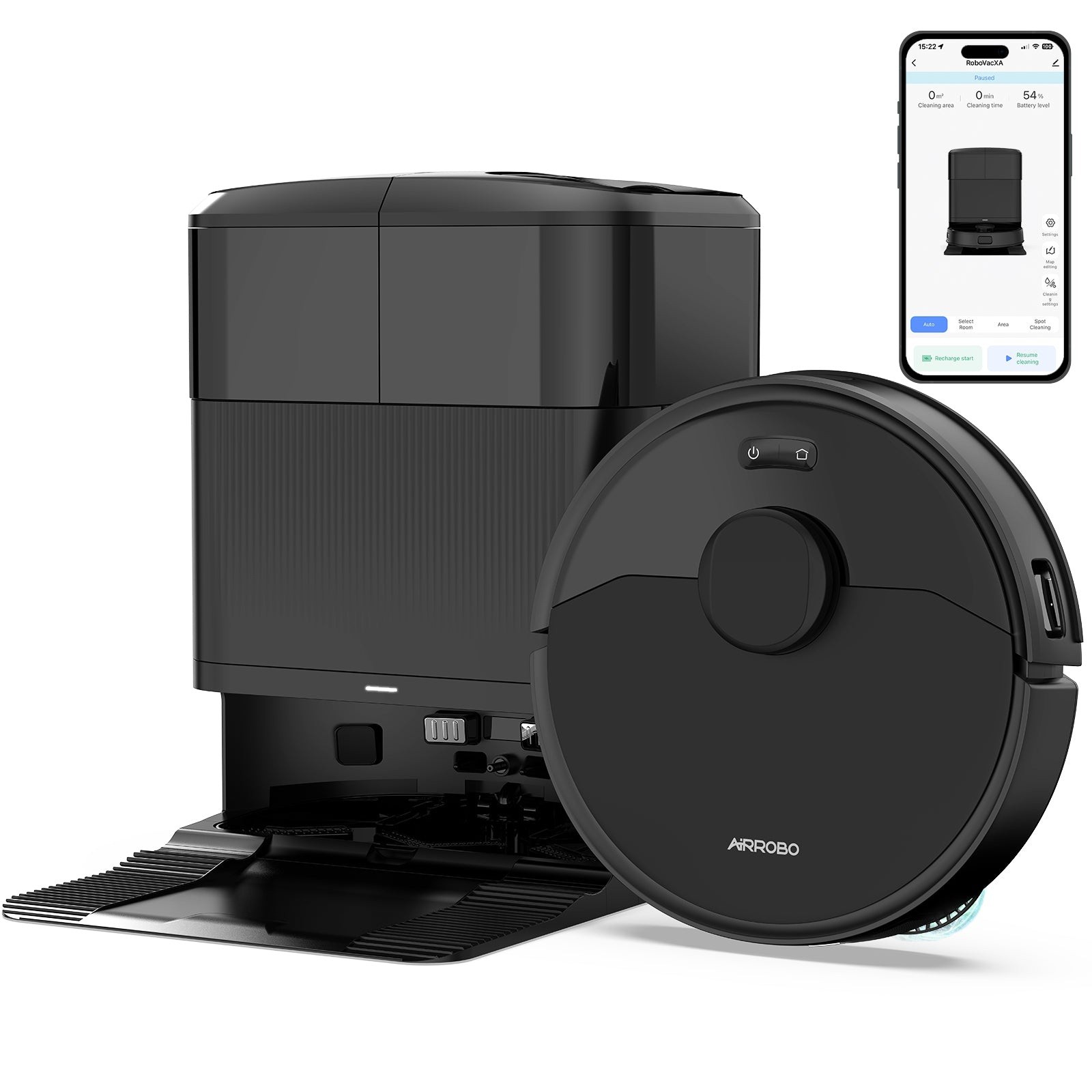 Render promocional oficial de AIRROBO M2 completo, negro, junto a su estación de mantenimiento y un teléfono, sobre fondo blanco.
