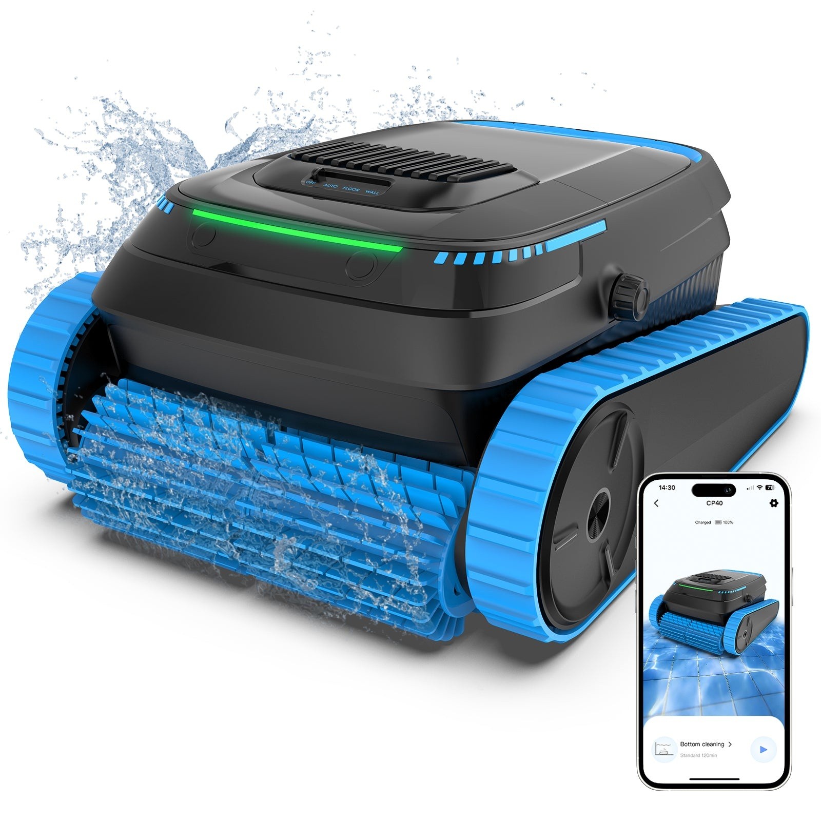 Render promocional oficial de AIRROBO CP40 completo, con orugas y rodillo azul, junto a un teléfono, sobre fondo claro.