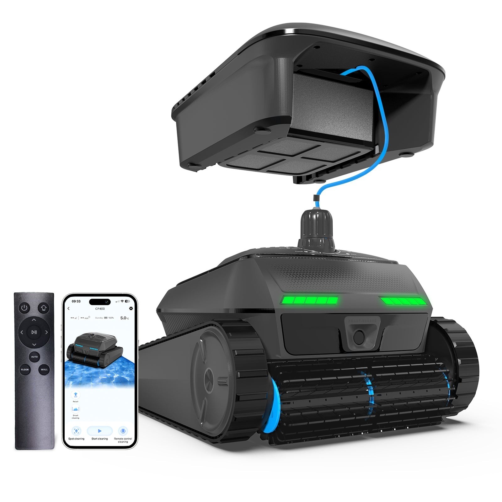 Render promocional oficial de AIRROBO CP400 completo con módulo flotante unido por cable, mando y teléfono, sobre fondo blanco.