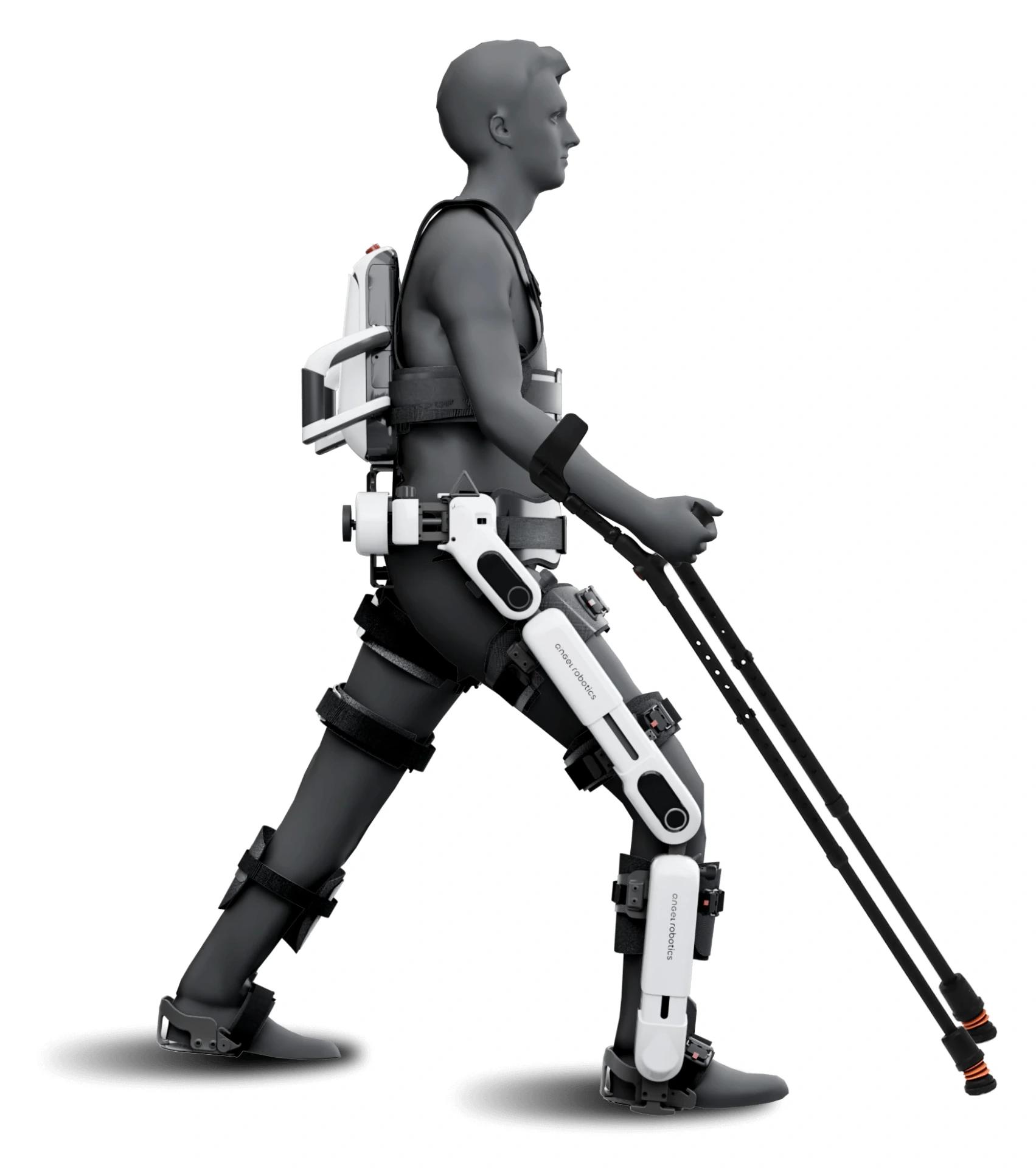 Render oficial de Angel Legs M20 colocado sobre una figura humana con muletas.
