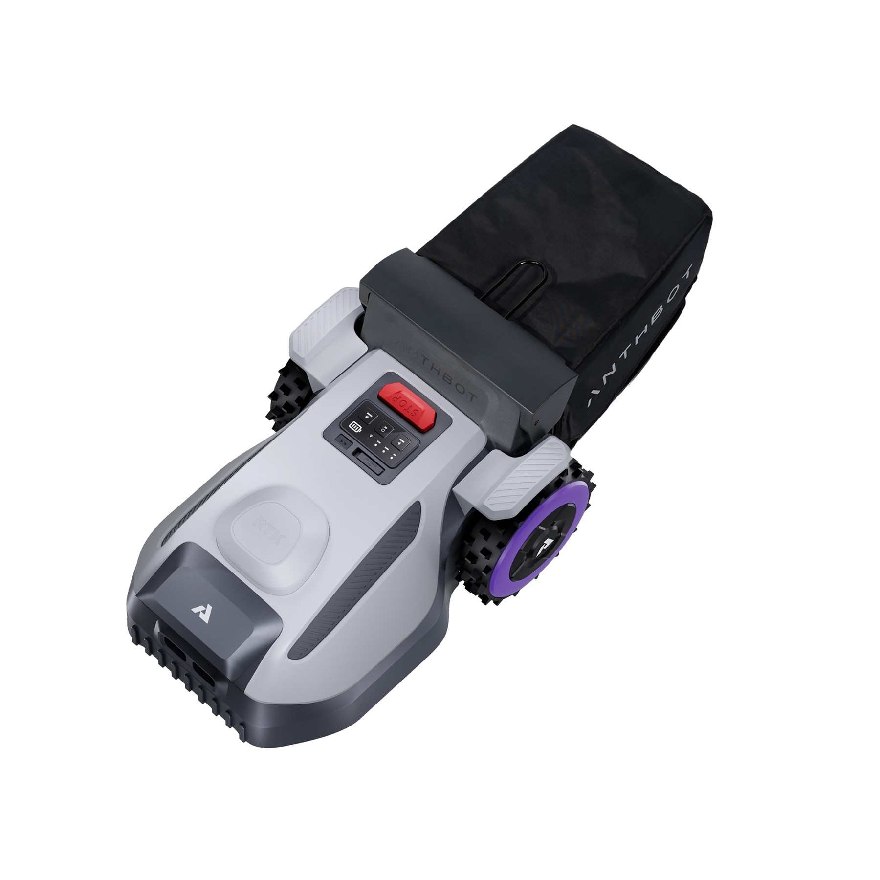 Render oficial del ANTHBOT N8 con el accesorio de recogida de césped.
