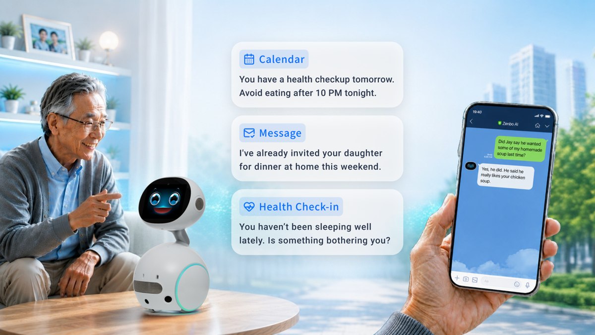 Robot de compañía de ASUS presentado junto a una persona.