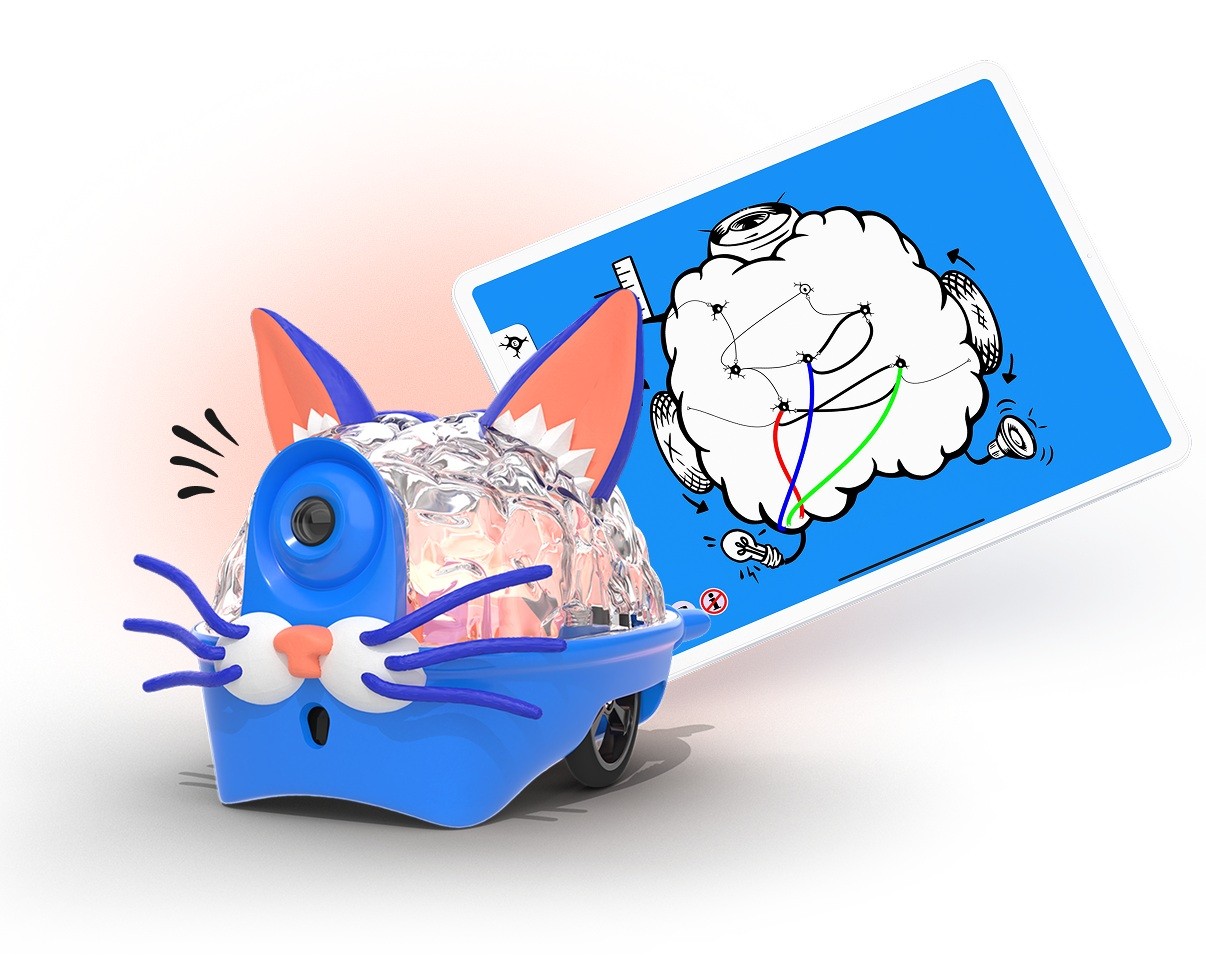 Imagen promocional oficial de SpikerBot completo con ruedas, carcasa azul y sensores, junto a una ilustración de un cerebro.