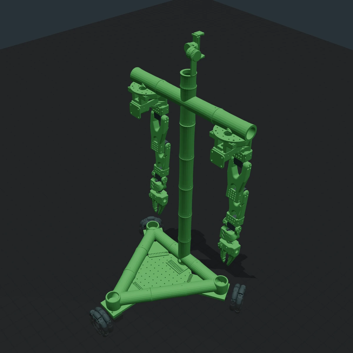 Render del diseño imprimible de Bambot B0, con dos brazos y base de ruedas.