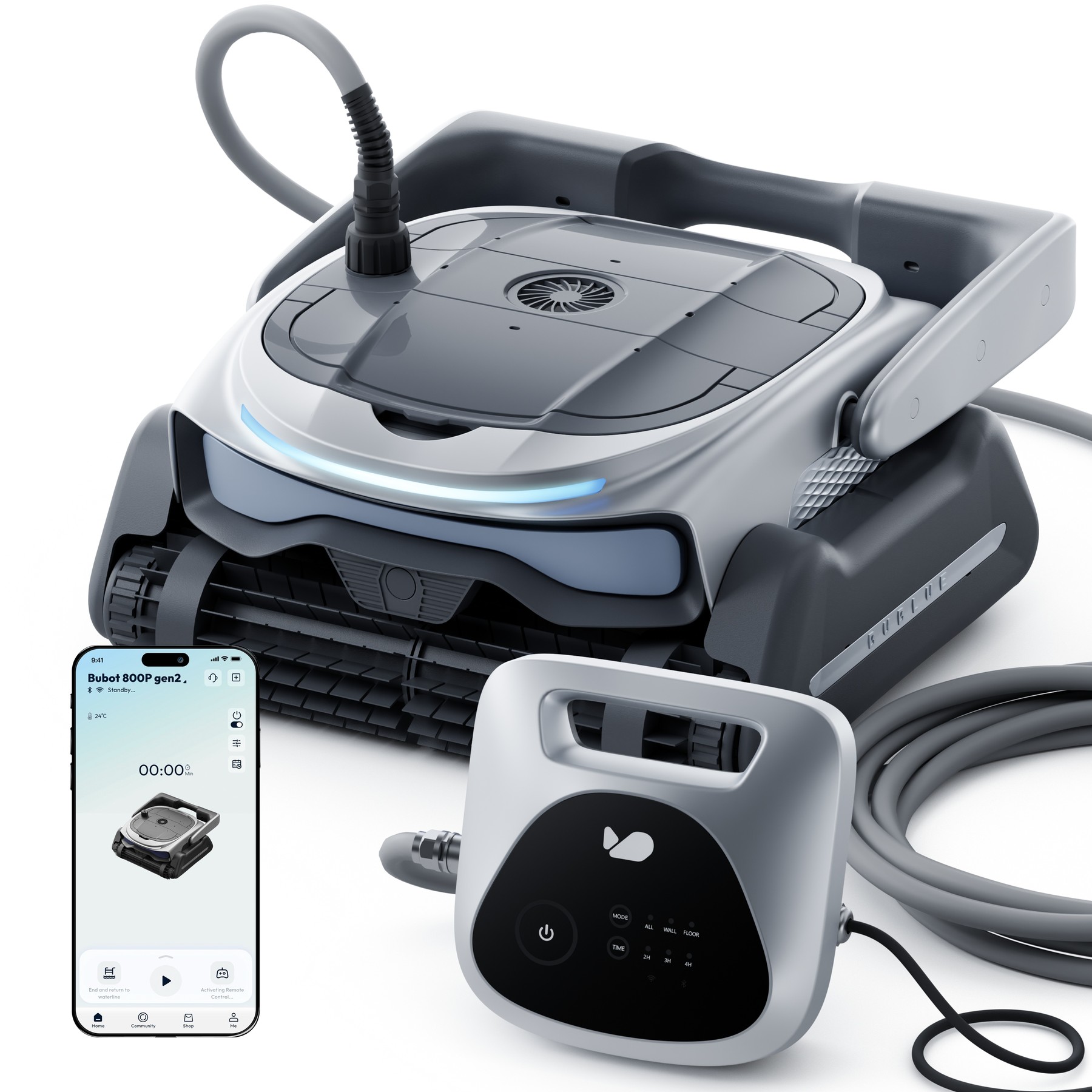 Render oficial de BUBLUE Bubot 800P Gen2 completo con cable y pantalla de aplicación.