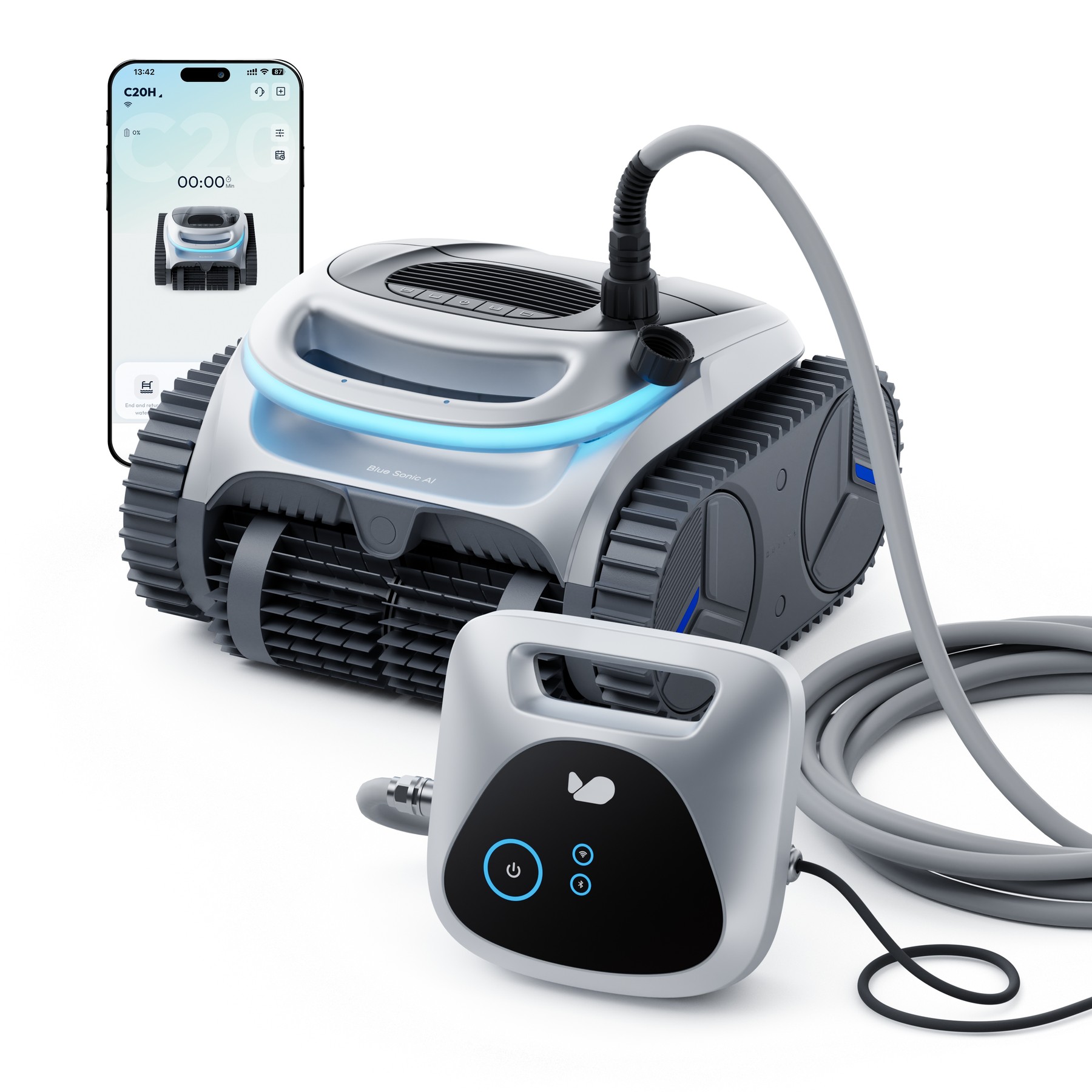 Render oficial del limpiador de piscinas BUBLUE BuHybrid L6 Gen2 completo, con cable y elementos de control.