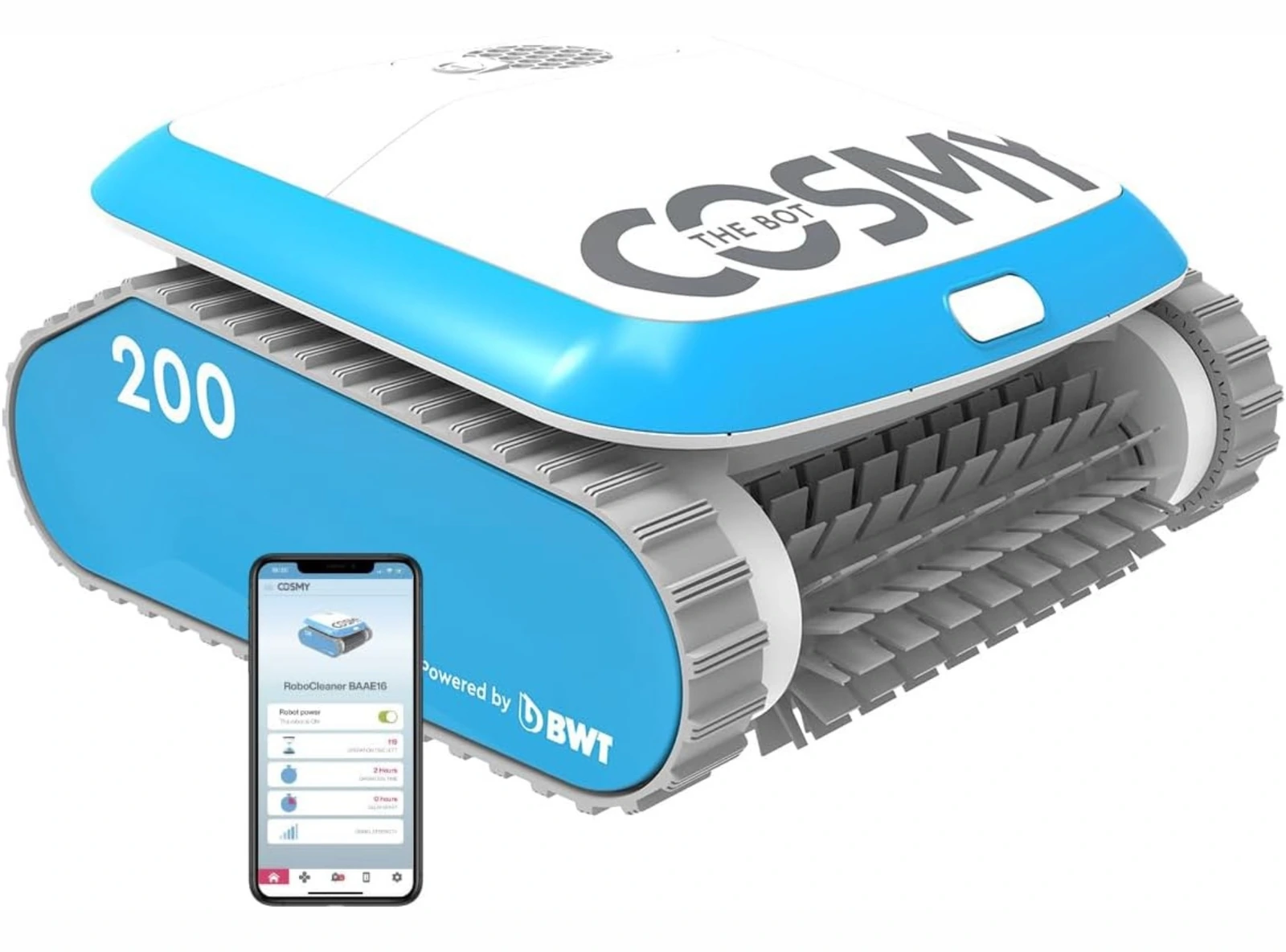 BWT Cosmy 200 blanco y azul con cepillos y aplicación.