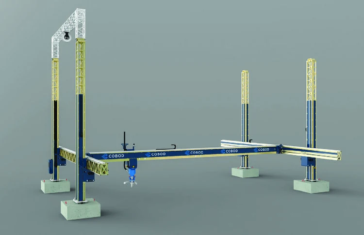 Render de la impresora de construcción COBOD BOD2 en configuración 5-5-3, con columnas y pórtico sobre apoyos de hormigón.