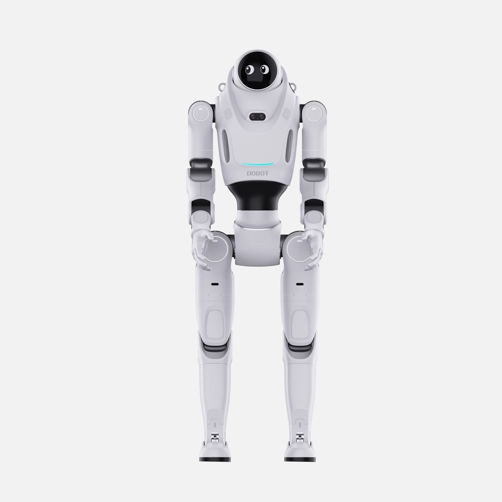 Render de producto del humanoide blanco DOBOT LUMO L1 de frente, con rostro negro en pantalla y brazos a los lados.