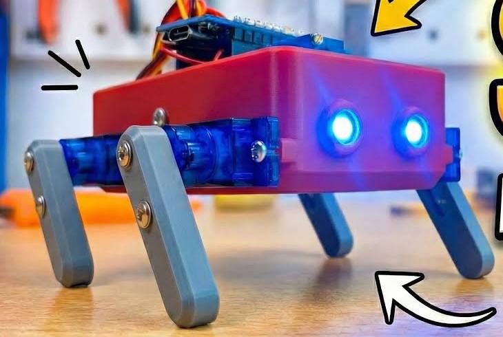 Imagen de DSN Industries de MiniQ completo, con cuerpo rojo, dos luces frontales y cuatro patas grises; recorte de la presentación original.