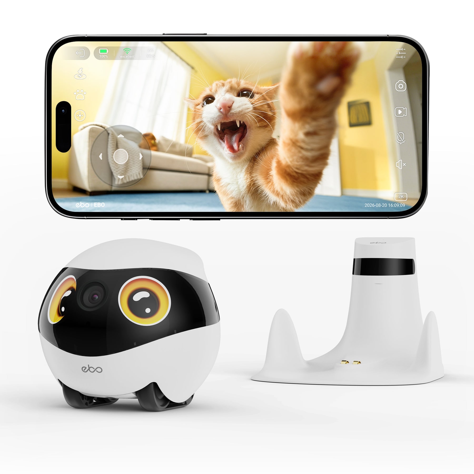 Imagen oficial de EBO SE 2 Sunshine Eyes, su base de carga y un teléfono mostrando la vista de una mascota.