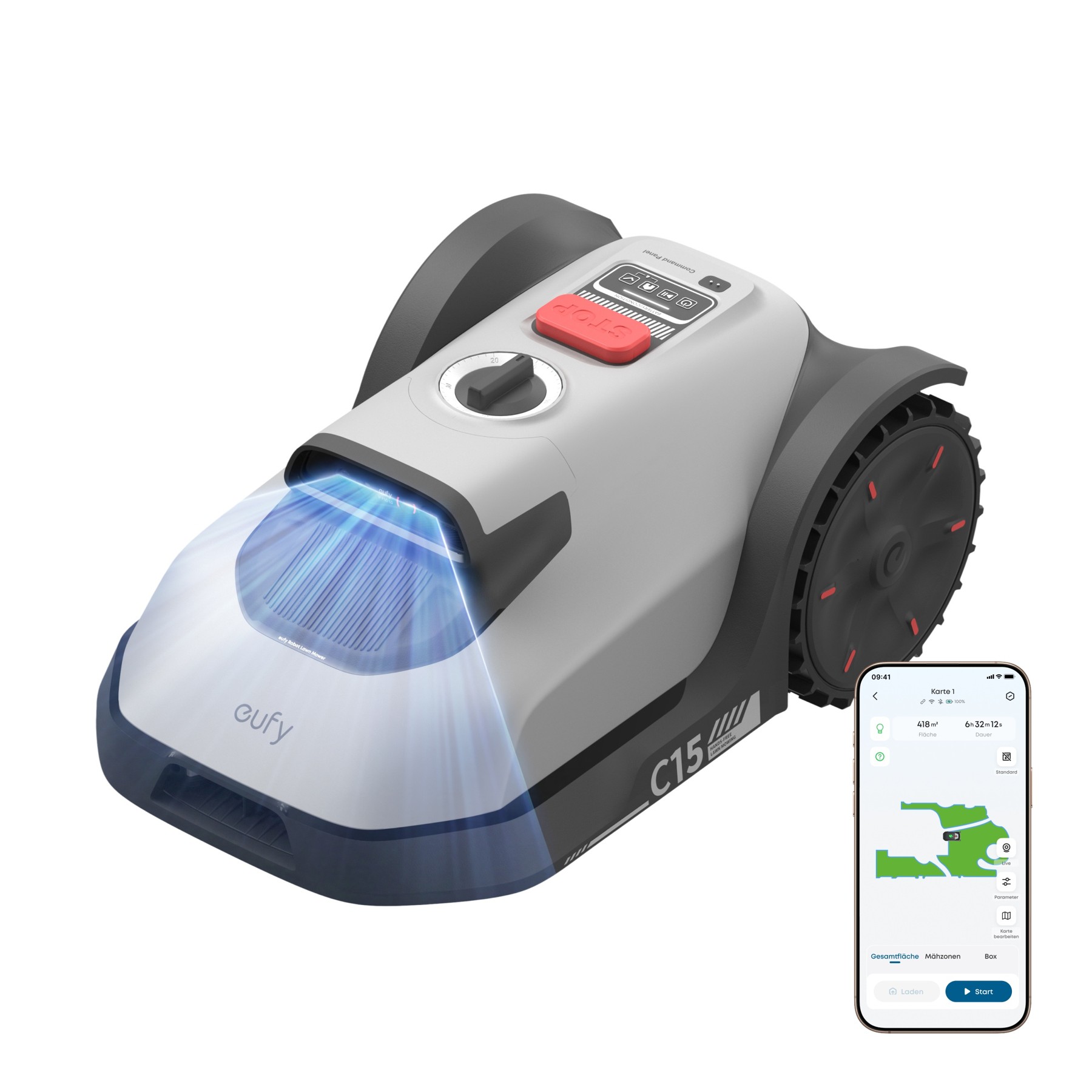 Representación oficial del eufy C15 con su campo de visión ilustrado y una pantalla de control.