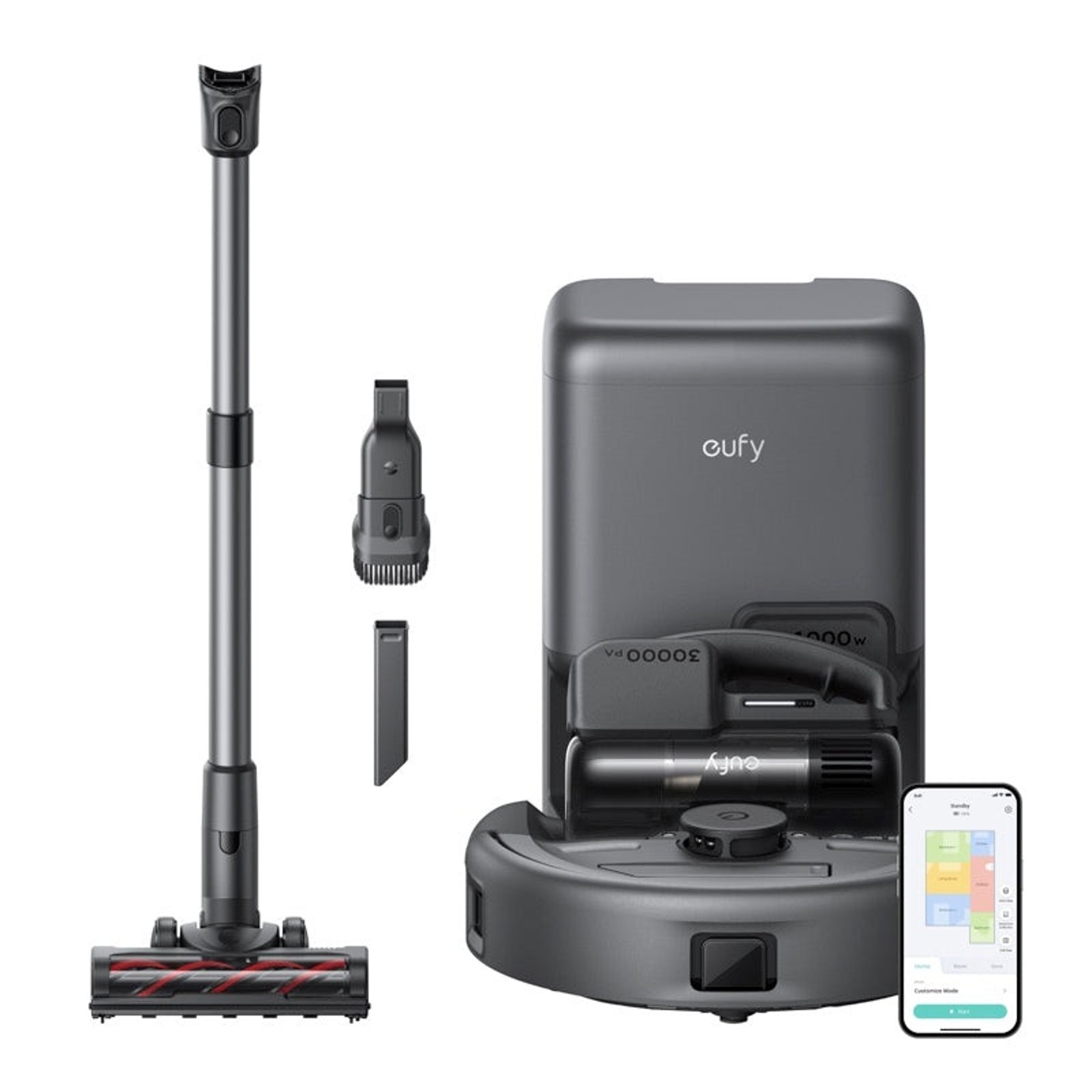 Render oficial del eufy E20 con componentes para sus tres formatos de aspiración.