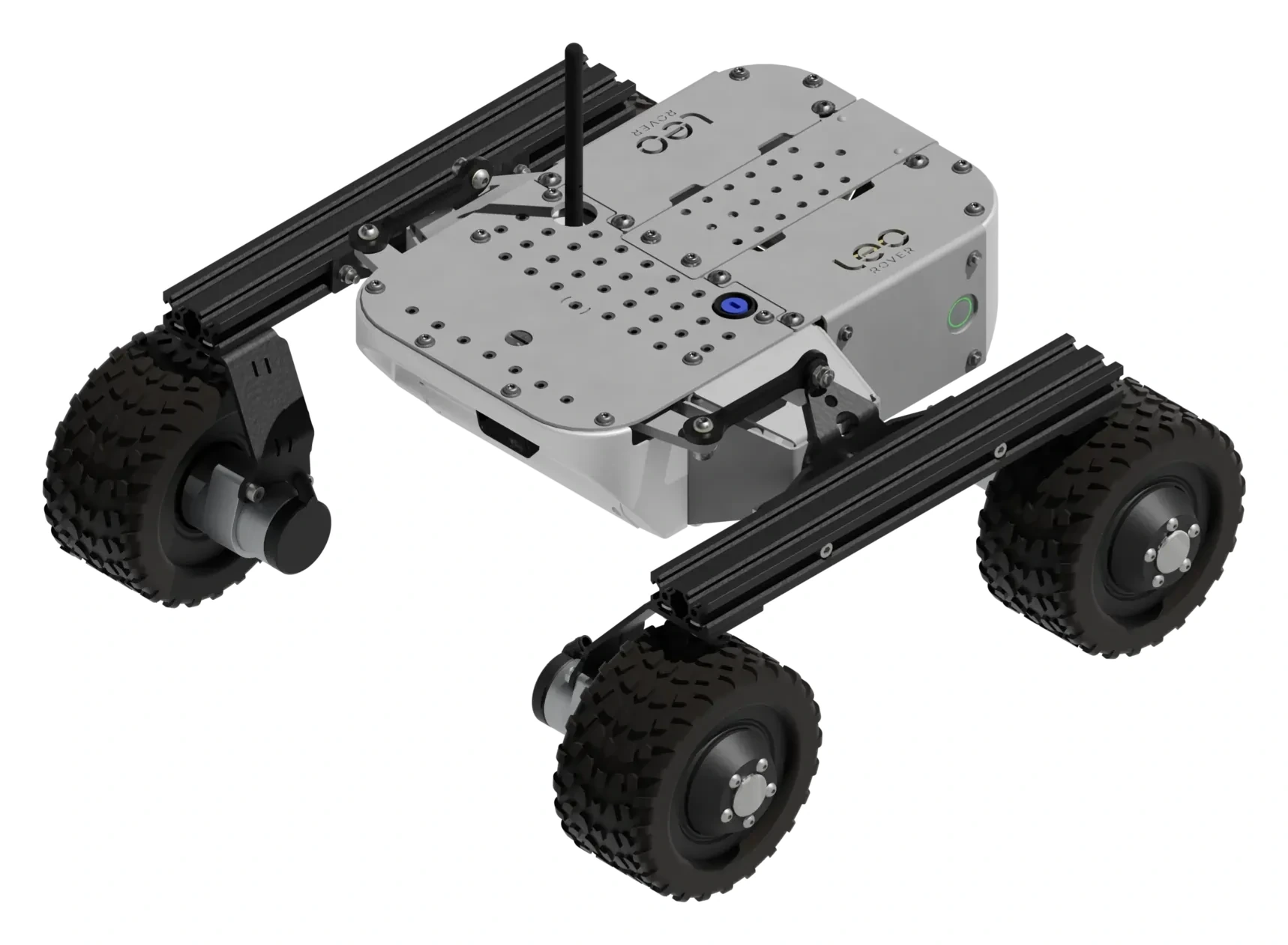 Render oficial de Leo Rover 1.9, con cuatro ruedas, placa superior y antena.