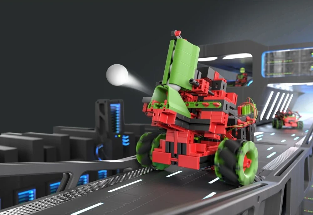 Vehículo de Smart Robots Max con ruedas omnidireccionales y piezas verdes y rojas.
