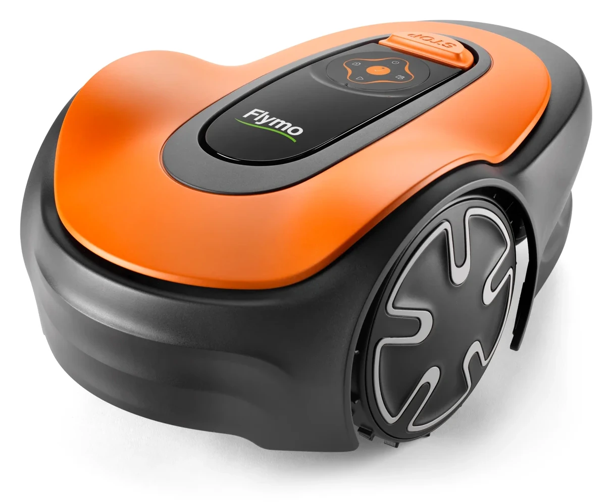 Flymo EasiLife Go 250 naranja y negro visto en perspectiva.