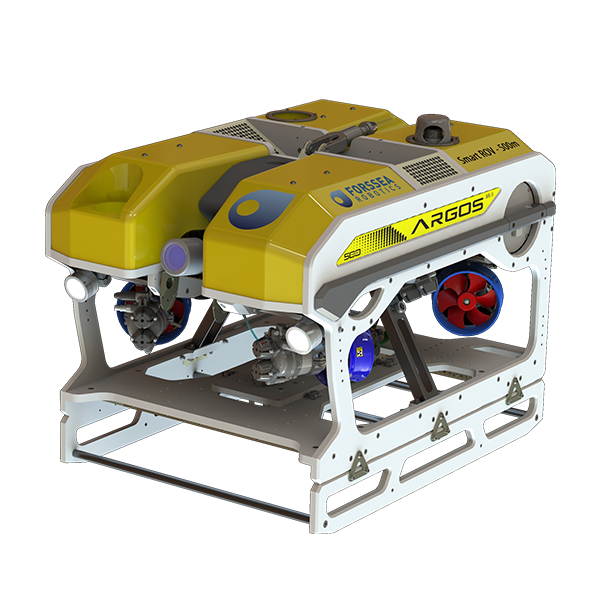 Render oficial del ROV ARGOS amarillo, con bastidor rectangular y propulsores visibles.