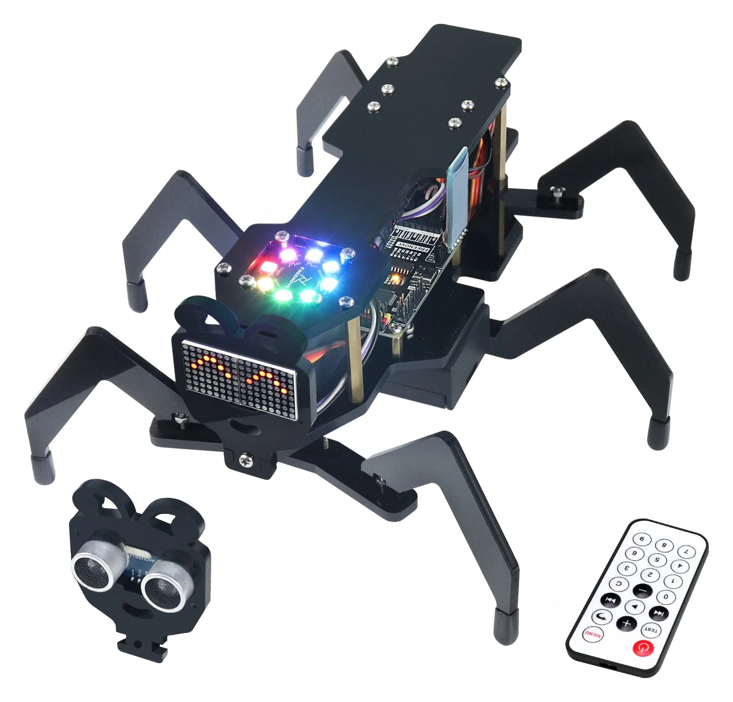 Robot Ant de Freenove con seis patas, matriz LED y mando.