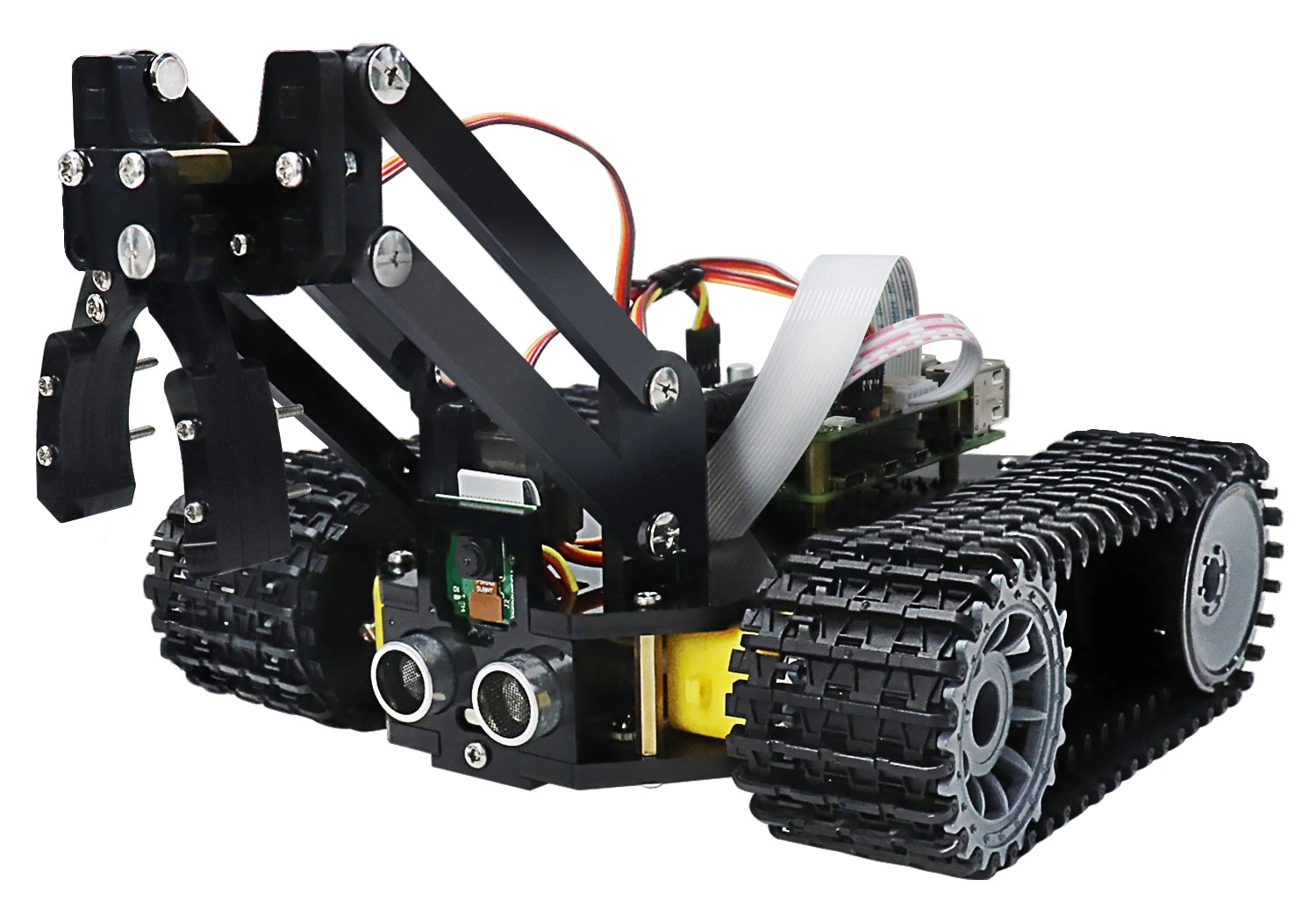 Freenove Tank Robot con orugas, cámara y pinza frontal.
