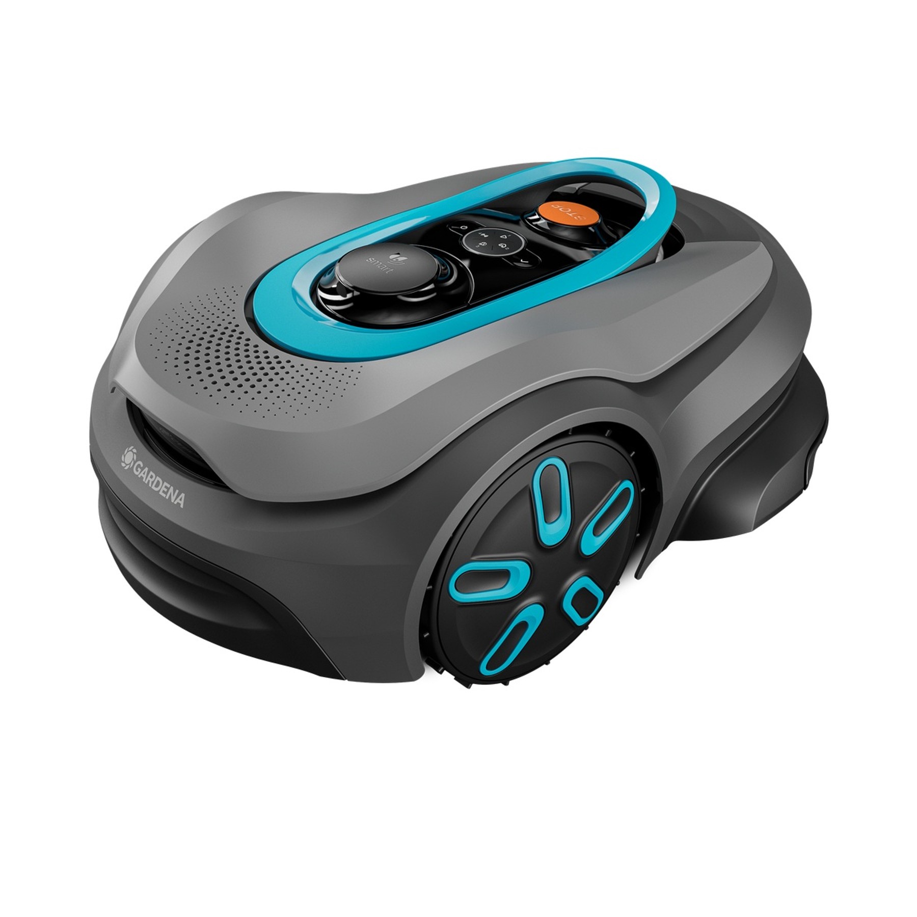 Render oficial del GARDENA smart SILENO sense, con carcasa gris y detalles turquesa.