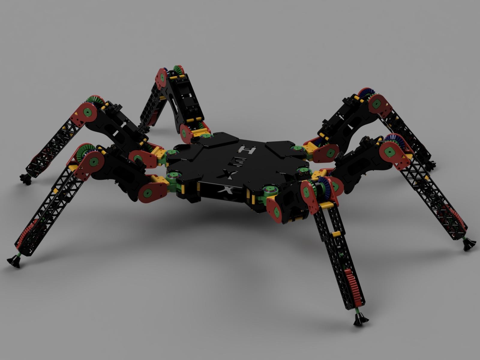 Render CAD publicado por el equipo Hexapod de Gdańsk del diseño completo de seis patas, con engranajes y elementos de contacto.