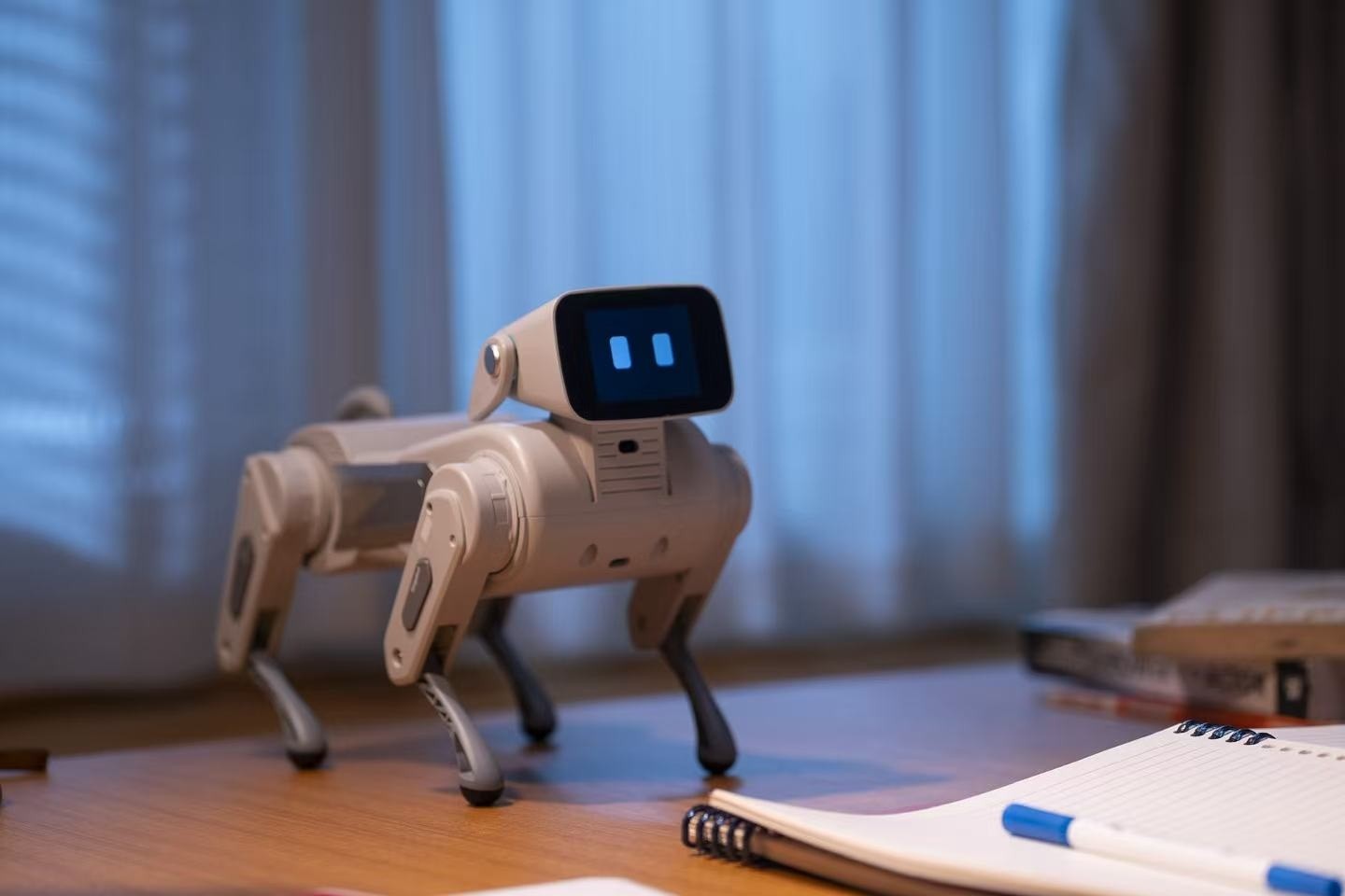 Imagen promocional oficial de Gogobot D1 completo, con cuatro patas articuladas y pantalla facial, sobre un escritorio.